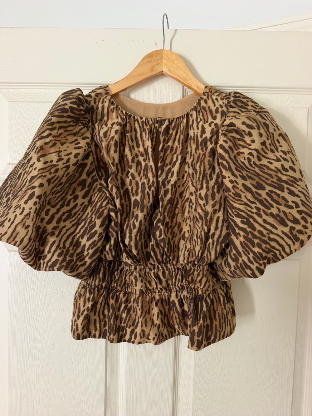 Joie Leopard-Print Puff Sleeve Peplum Blouse - Brown/Tan